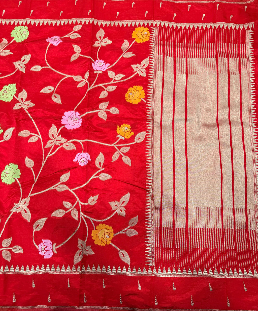 Red temple border tusser Paithani saree