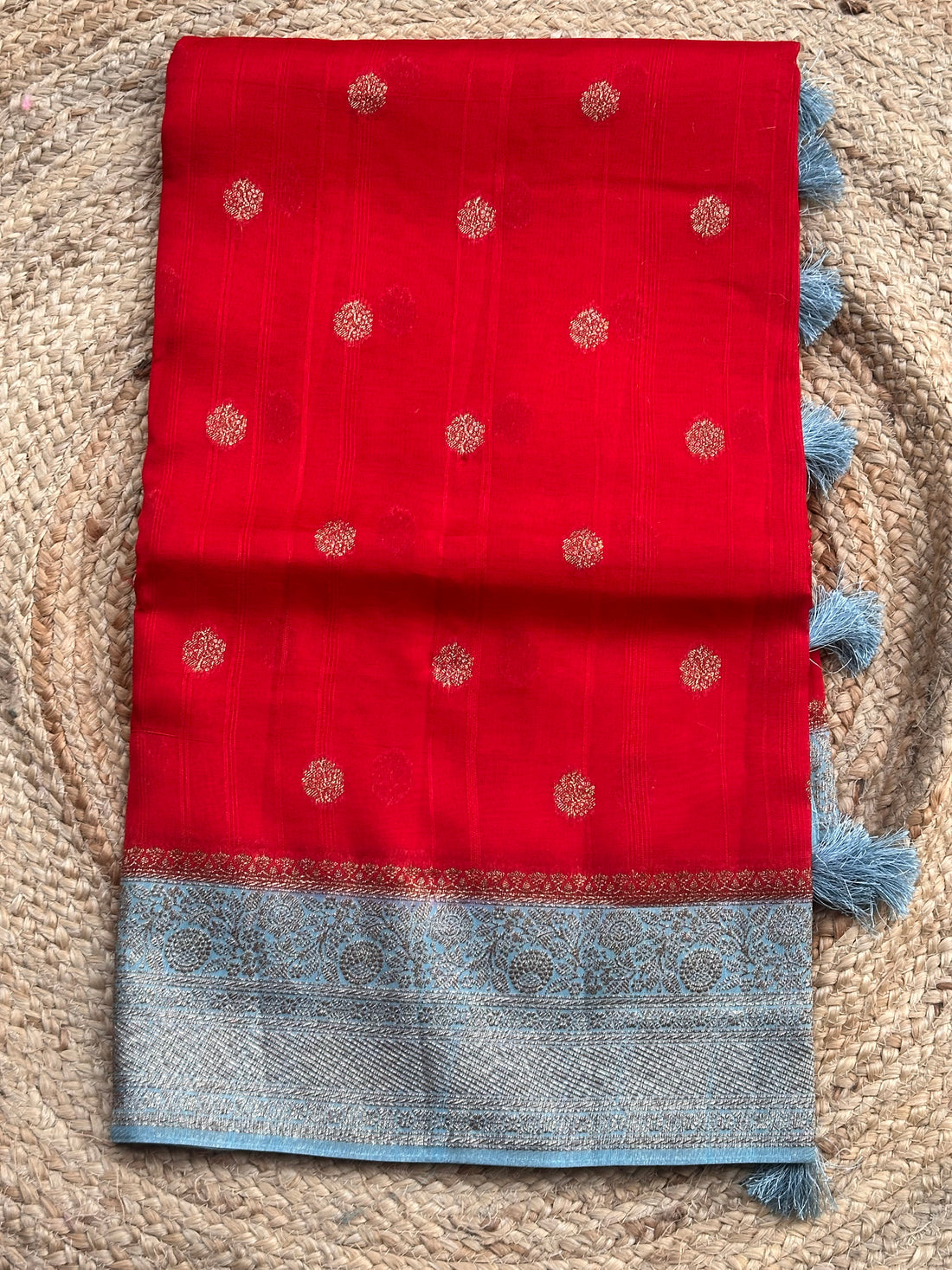Red and sea blue tusser silk saree