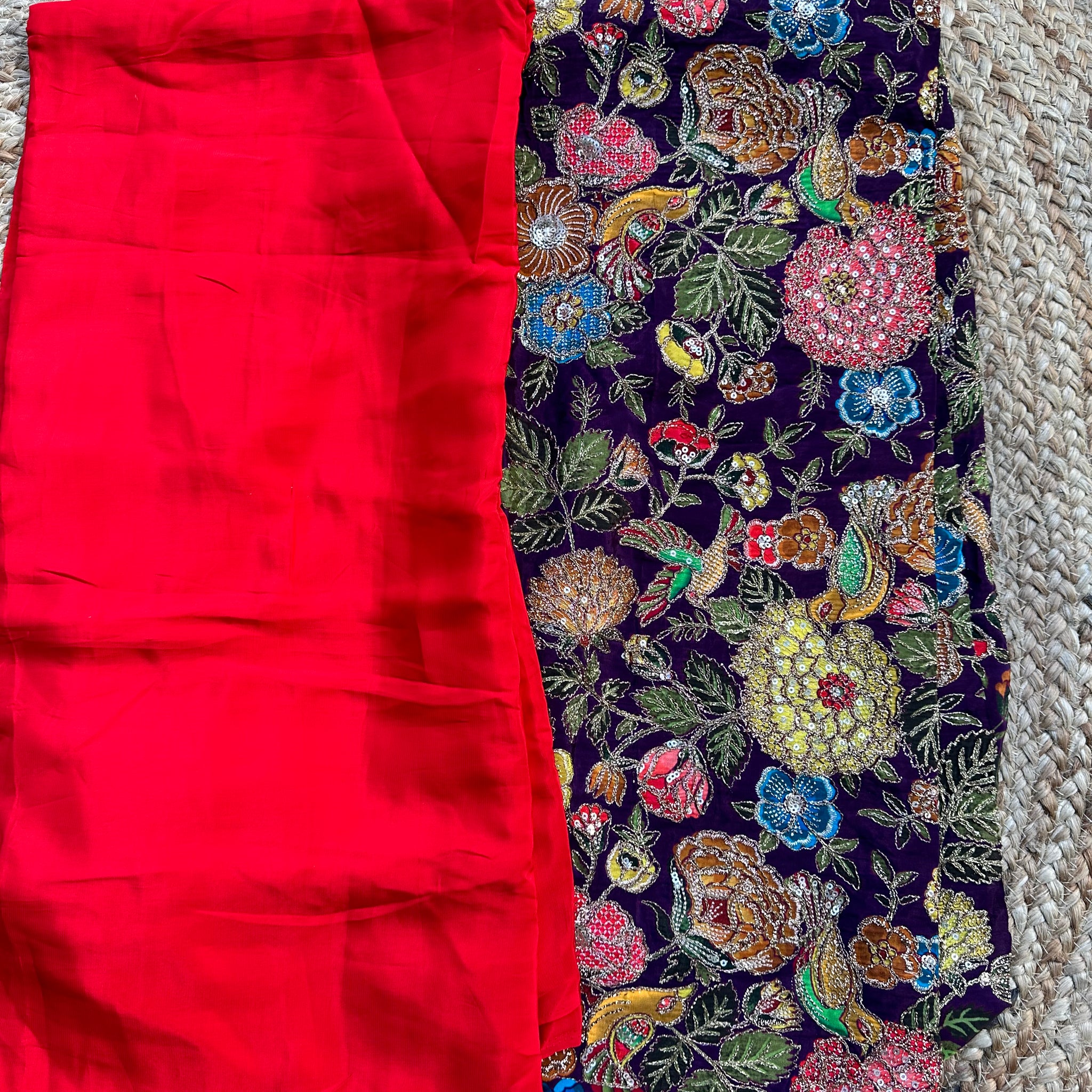 Red pure crepe with brocade blouse
