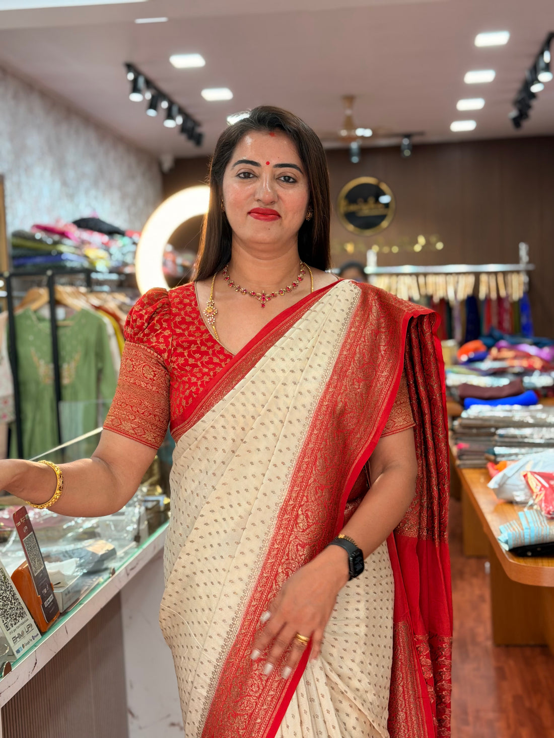 Half white and red crepe chiffon Banaras sarees