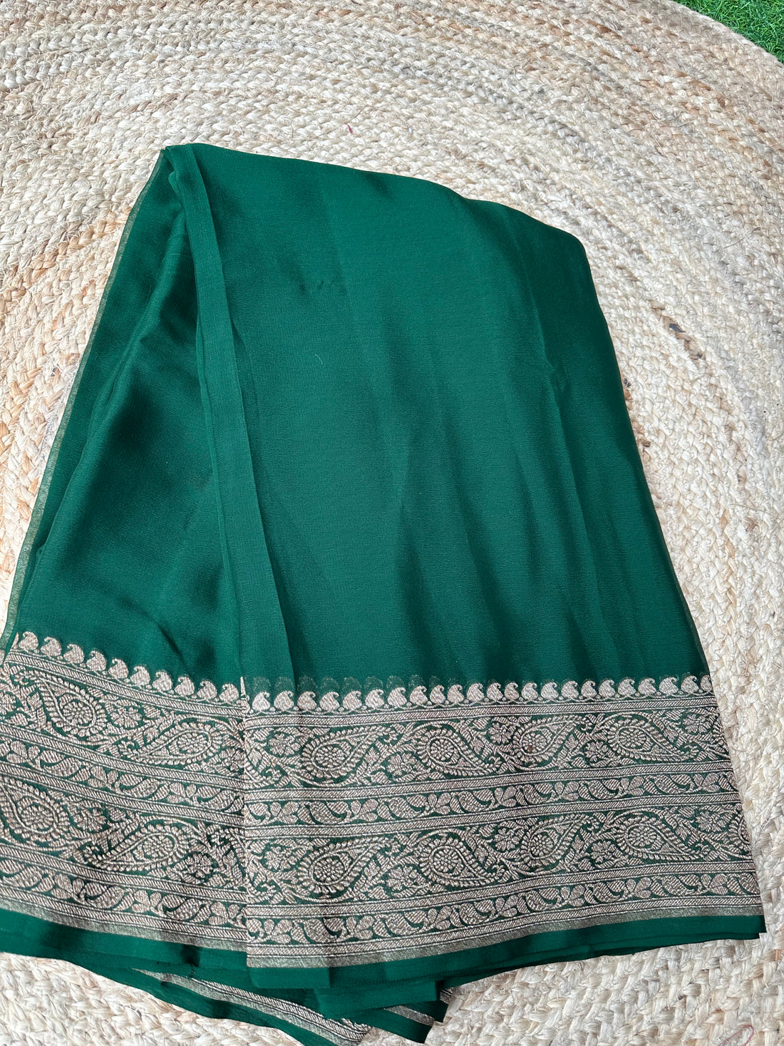 Deep green pure khaddi Georgette plain sarees with blouse