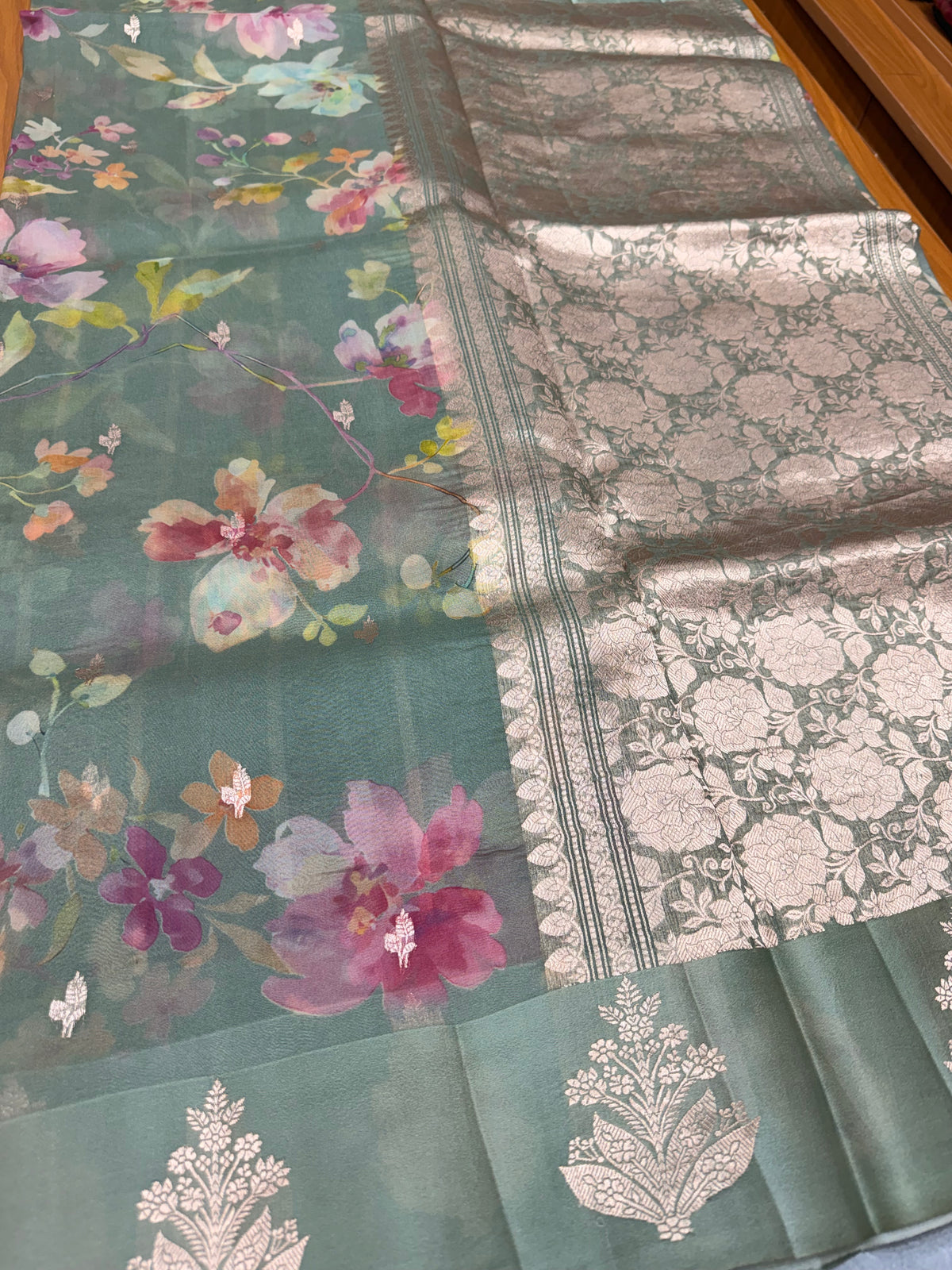 Pastel green digital print Banarasi pure tissue chiffon saree sliver zari saree