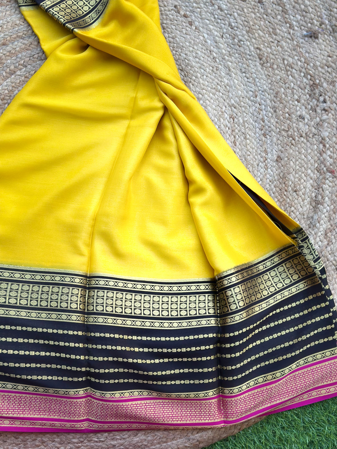 Yellow and black pink crepe Mysore Silk sarees 120 gsm