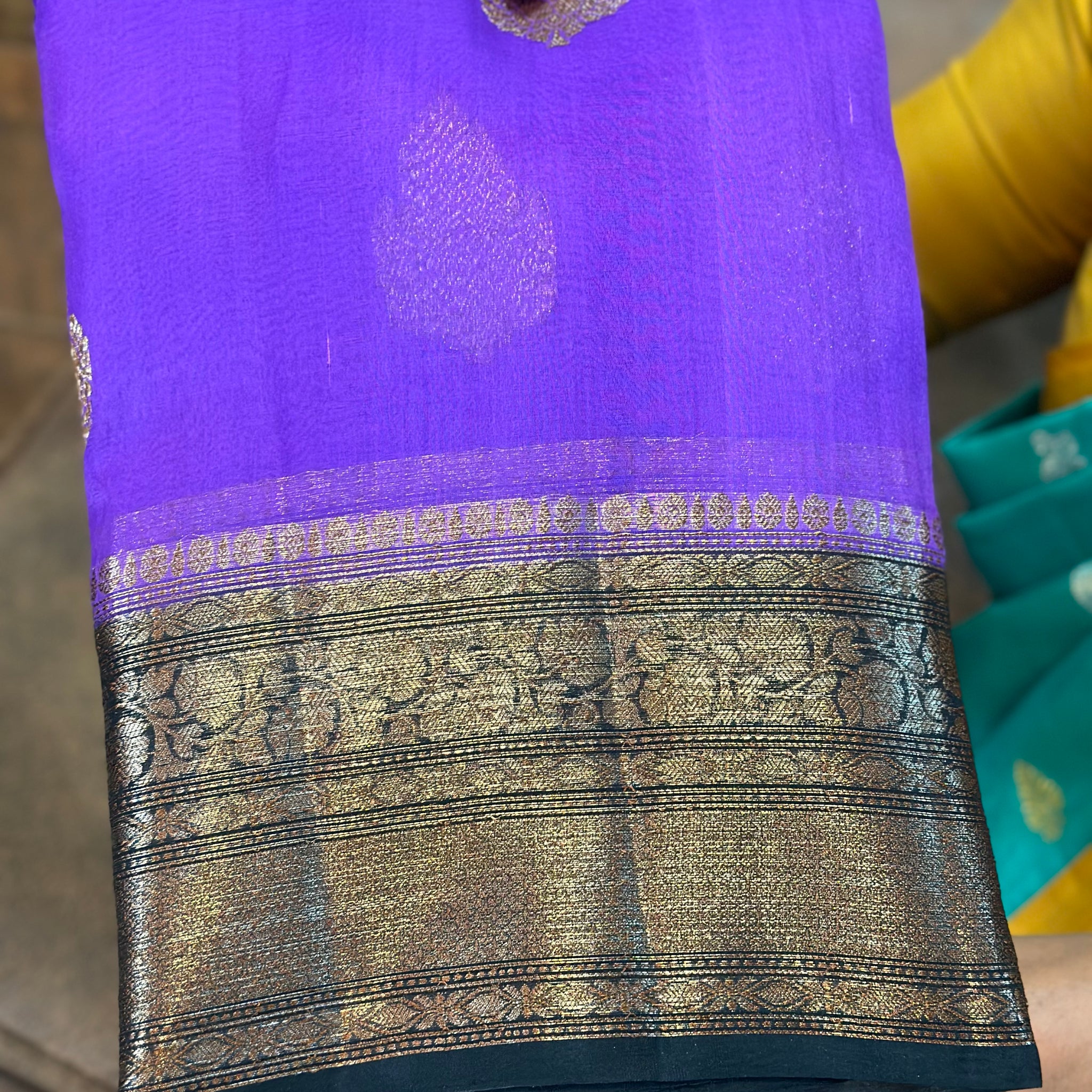 Lavender with black pure kora organza Banarasi sarees.
