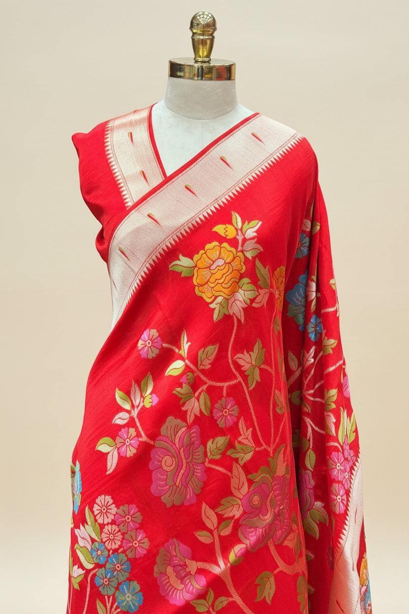 Red Meena work Tussar saree paithani border saree