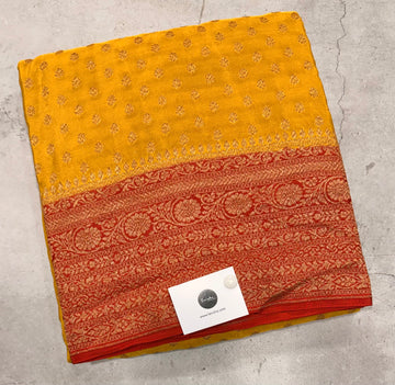 Mustard yellow pure benarasi crepe silk saree