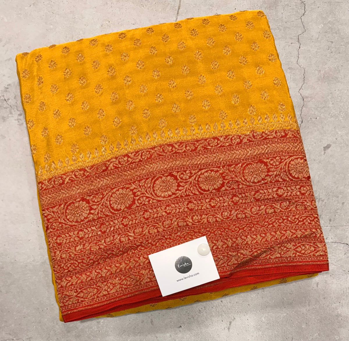 Mustard yellow pure benarasi crepe silk saree