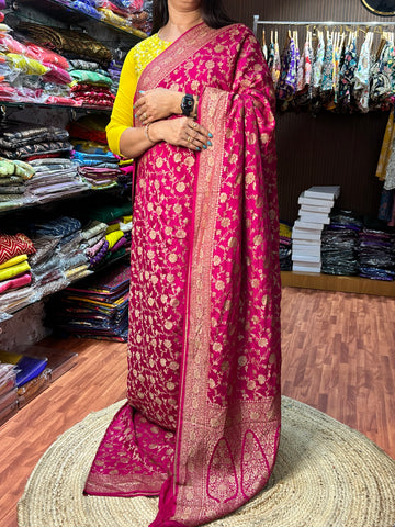 Pure Crepe Banarasi with Jaal Pattern (Rani Pink)