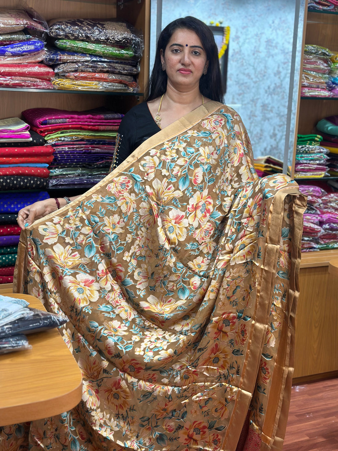 Premium brasso sarees, beige with peach colour