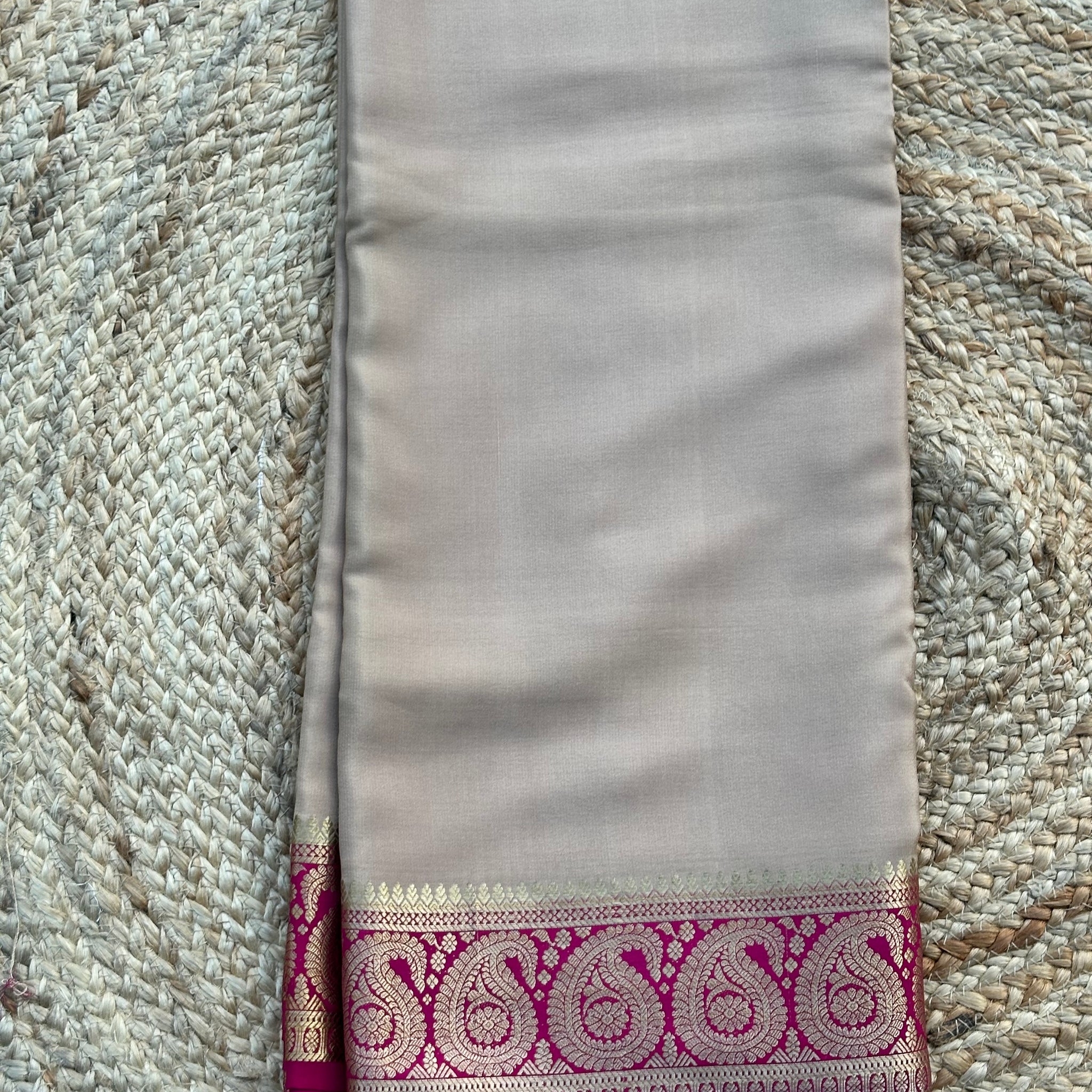Beige with pink mango border pure crepe Mysore Silk sarees 120 gsm