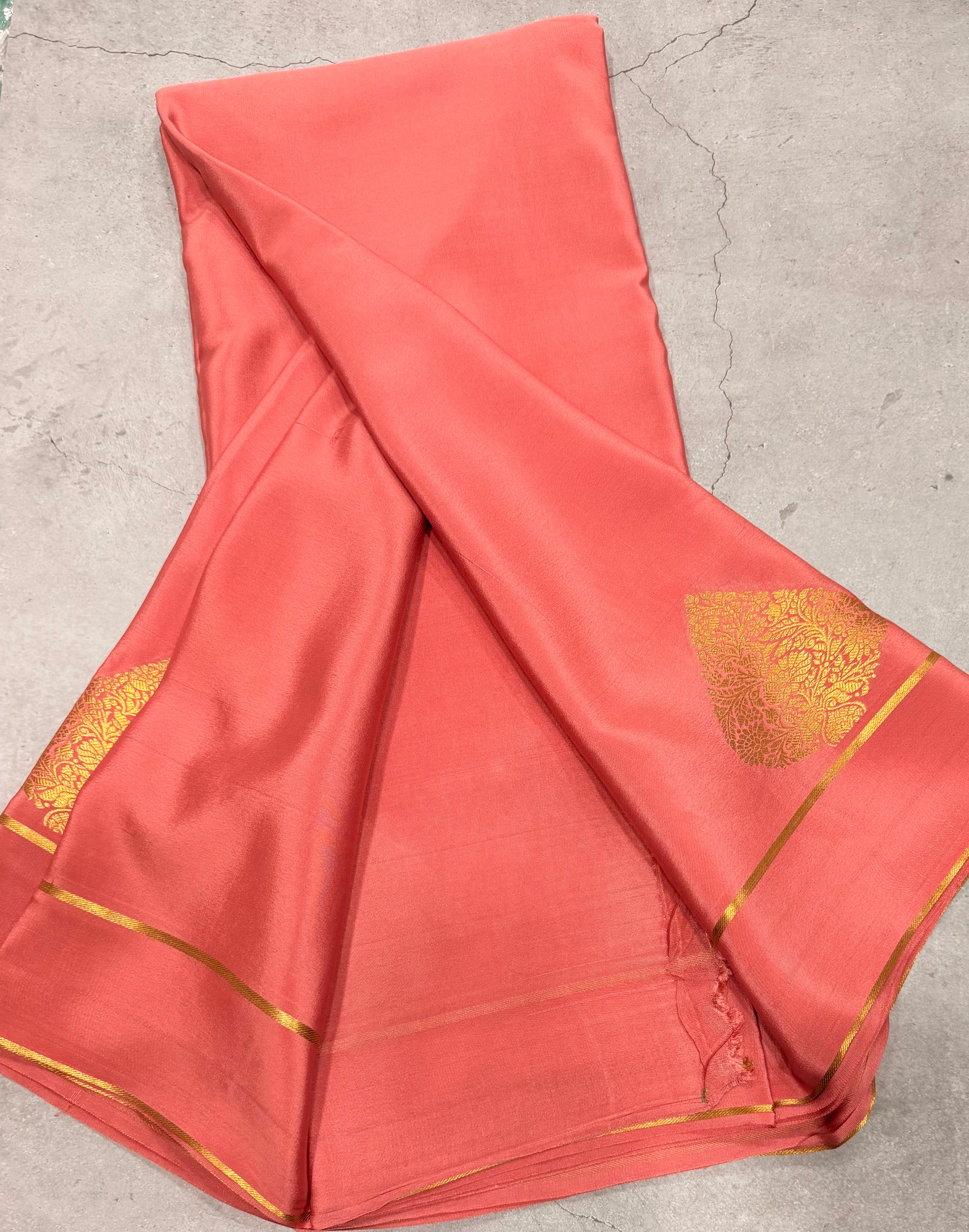 Pastel pink leaf big butta pure Mysore silk crepe saree