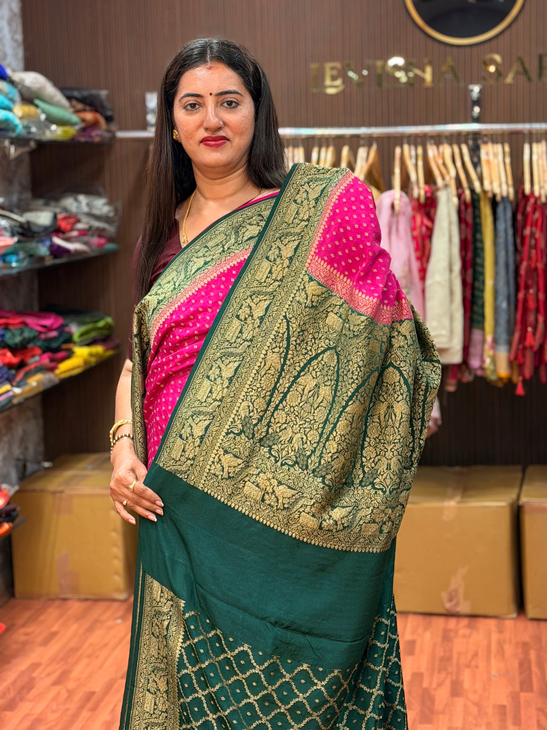 Pink and green pure crepe Banaras silk sarees