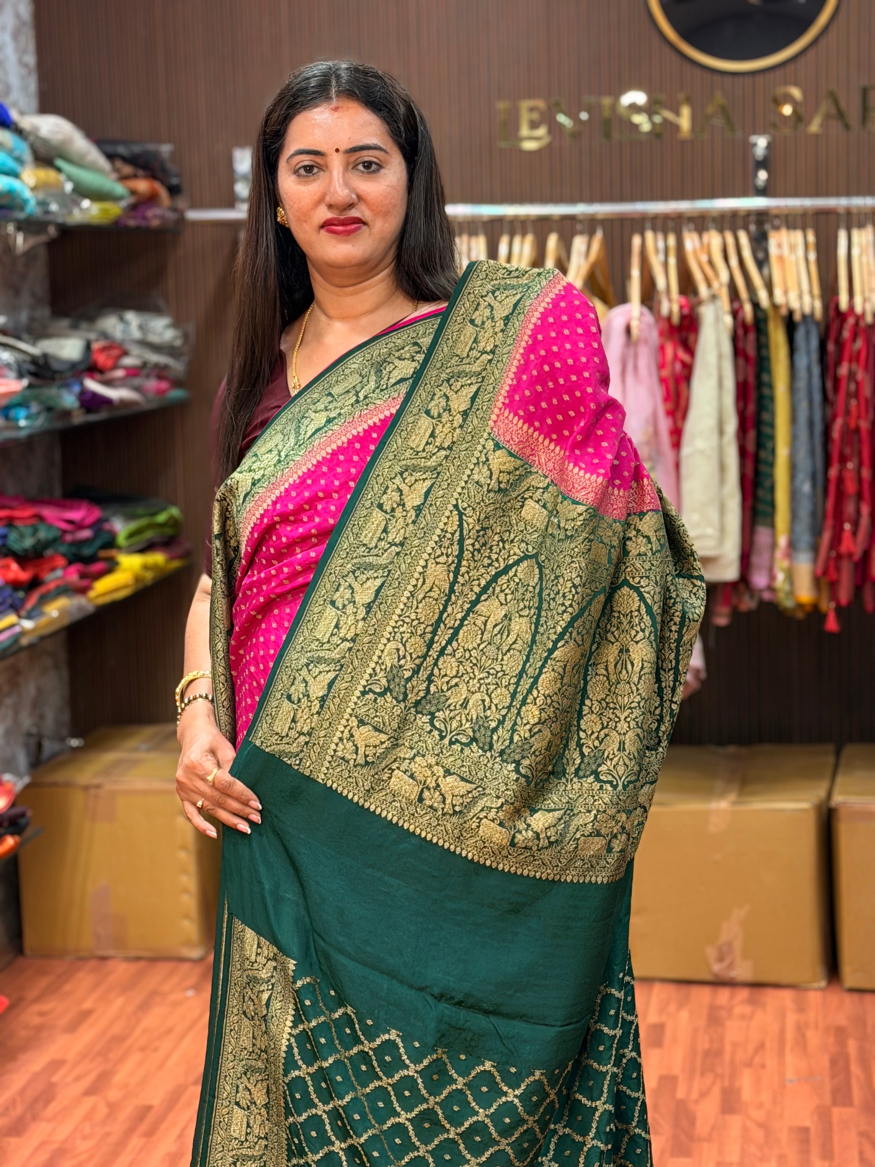 Pink and green pure crepe Banaras silk sarees