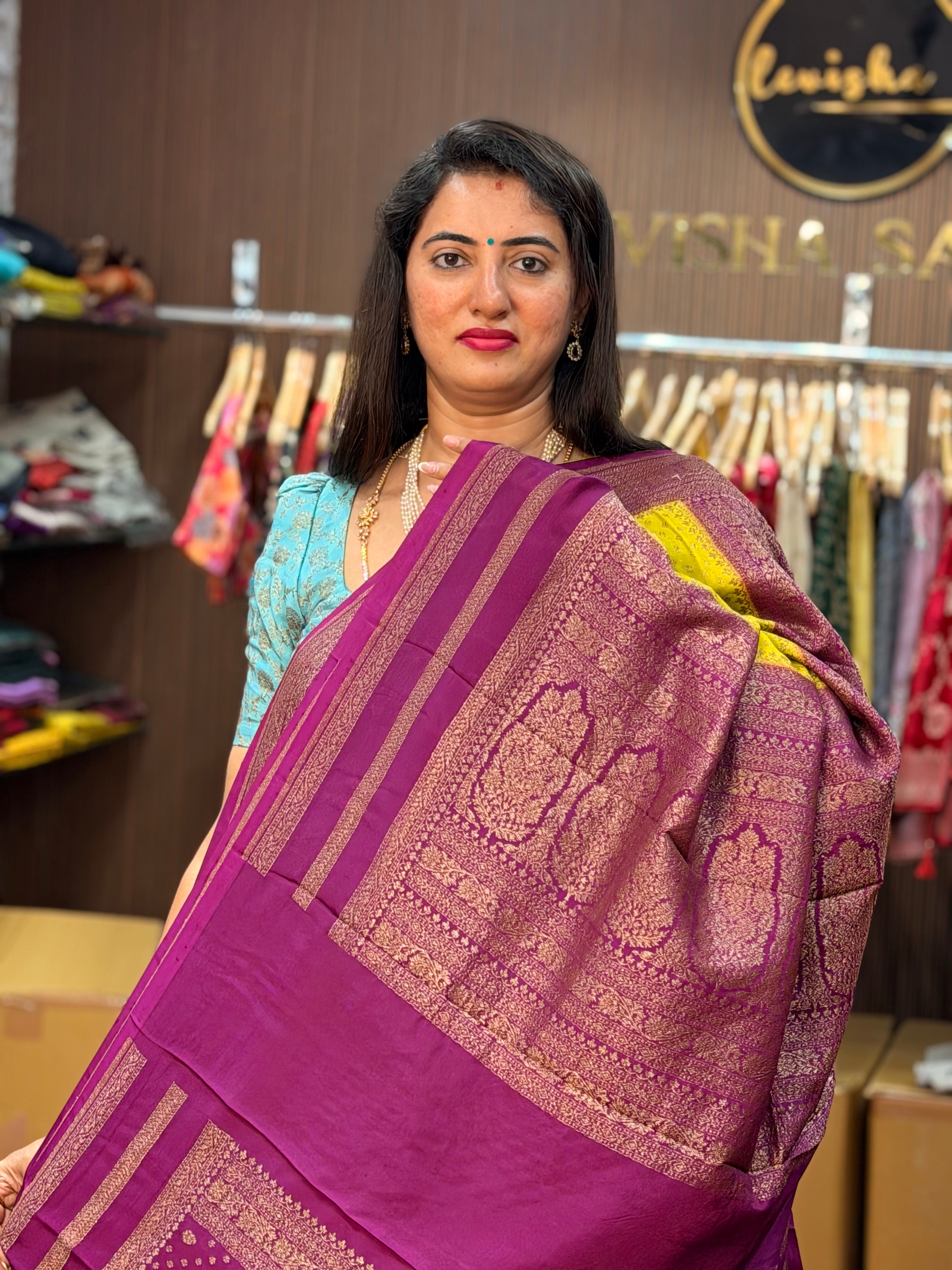 Neon green and magenta pink crepe chiffon Banaras