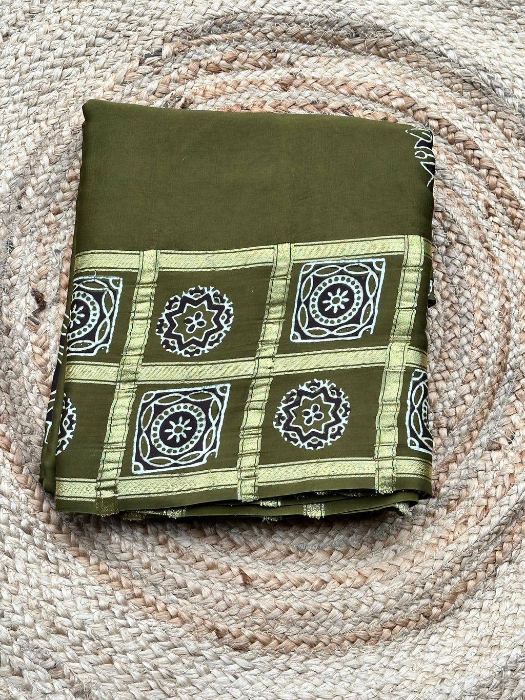 Leaf green pure Ajrak modal silk sarees with Ajrak blouse