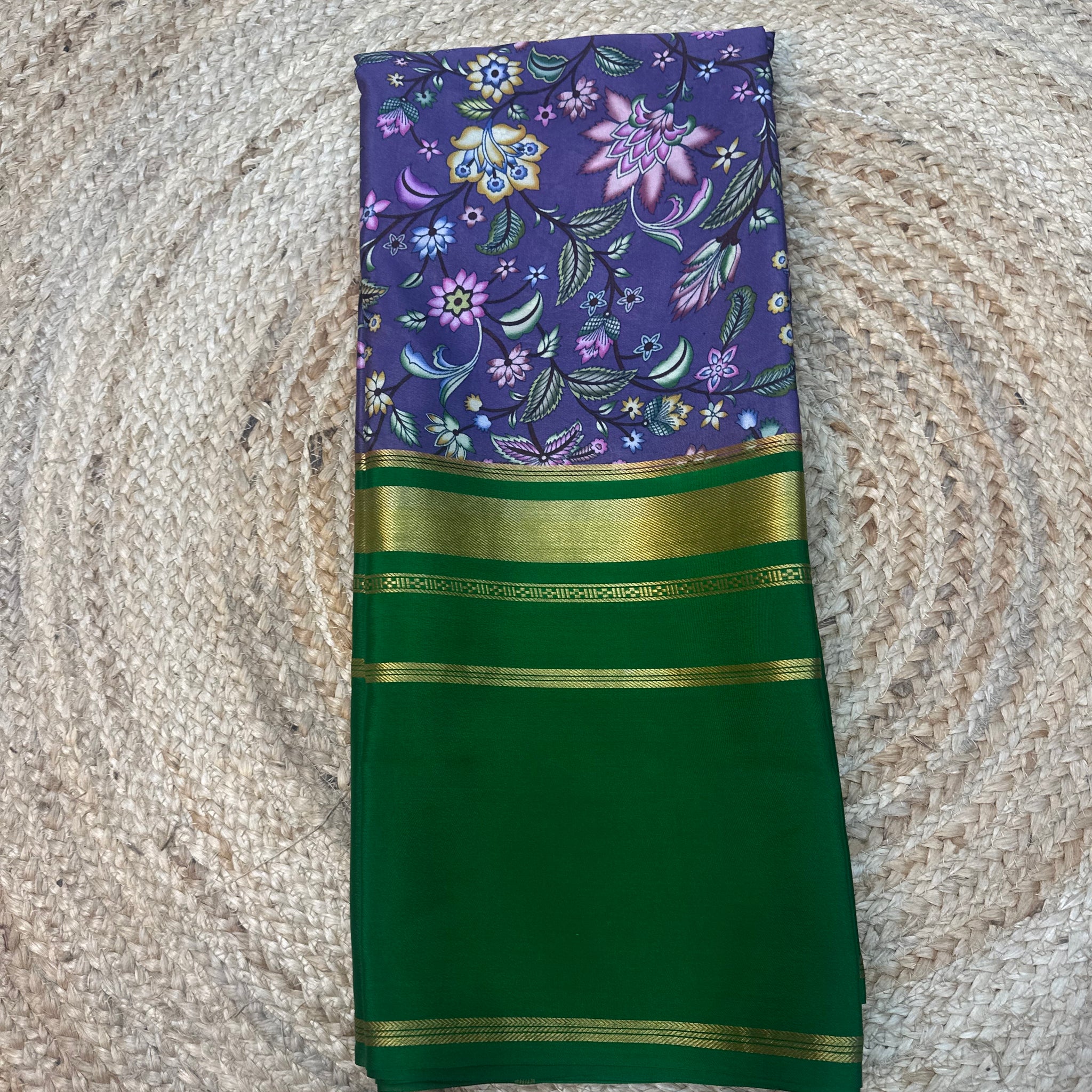 Lavender and green pure crepe digital prints Mysore Silk