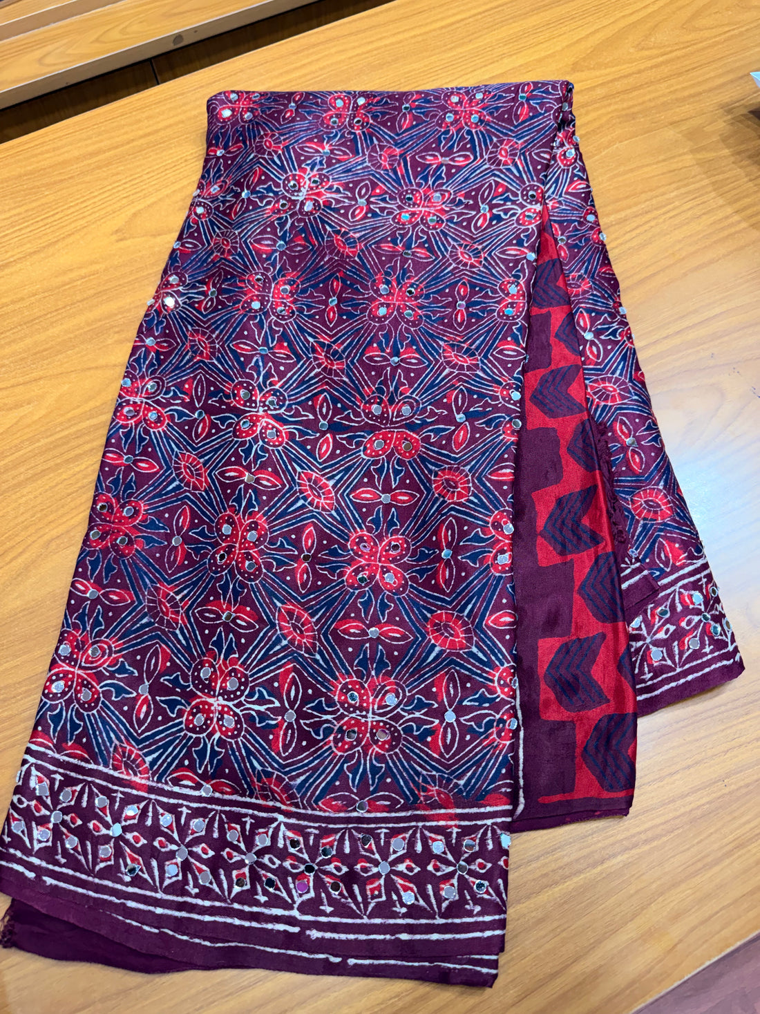 Maroon ajrak mirror work with tissue pallu