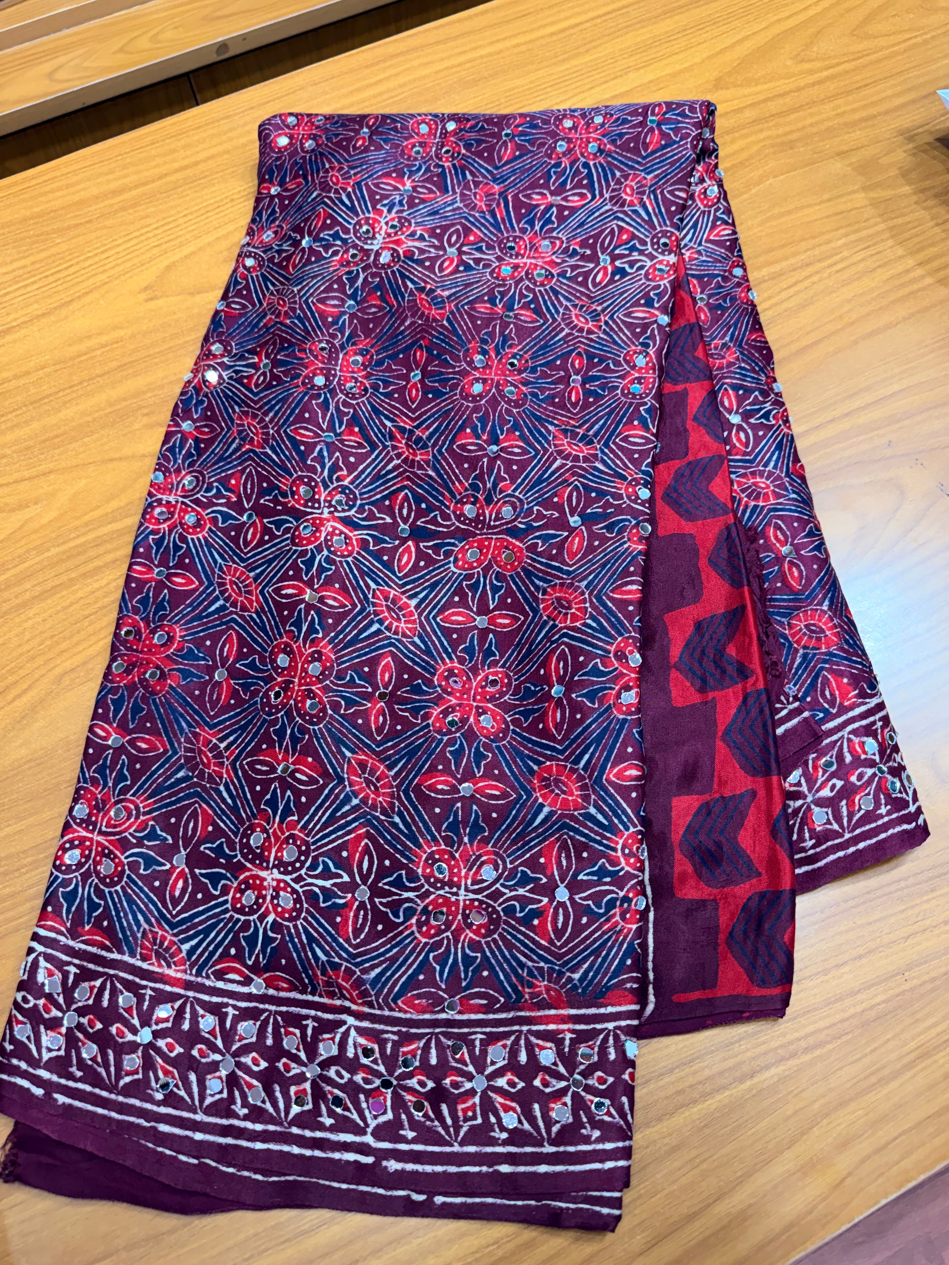 Maroon ajrak mirror work with tissue pallu