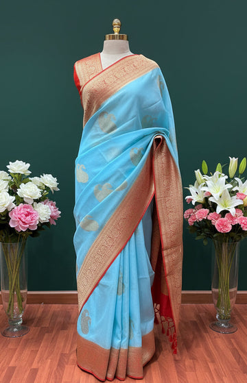 Sky blue  n orange mango butta georgette saree (SG107)