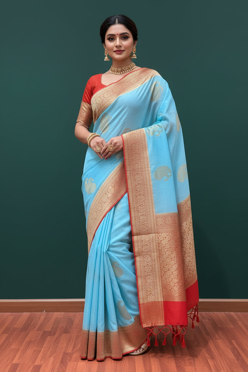 Sky blue  n orange mango butta georgette saree (SG107)