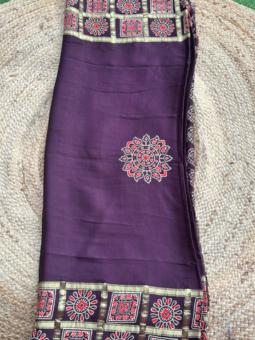 Deep coffee brown pure modal silk sarees with Ajrak blouse