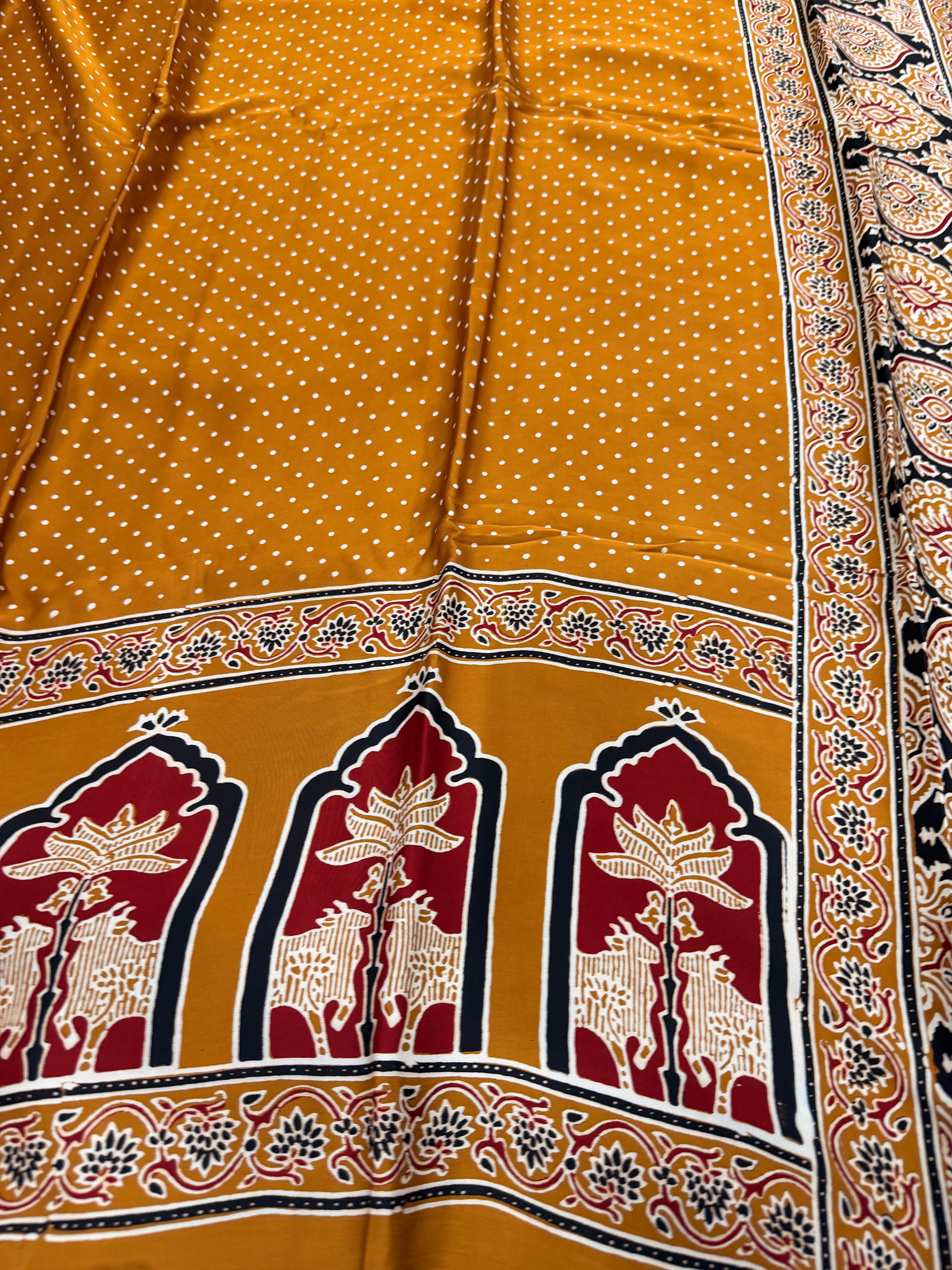 Mustard yellow pure Ajrak dola sarees