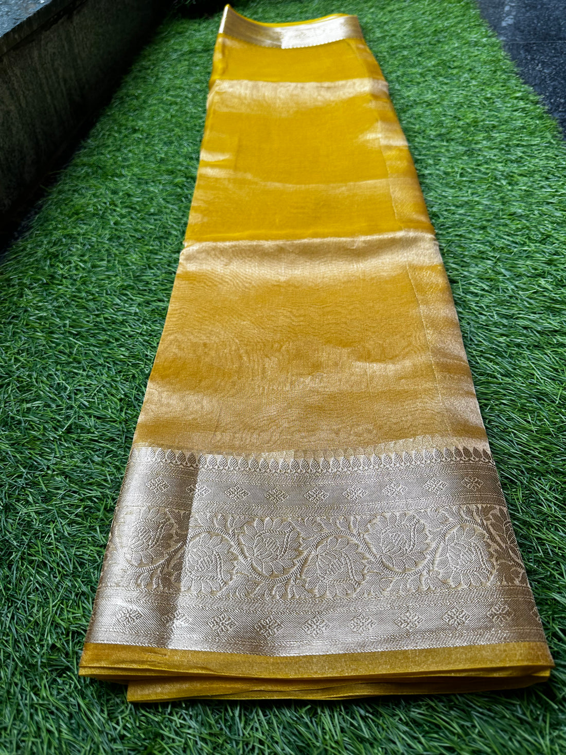 Pure Banarasi tissue silk. Golden mustard.