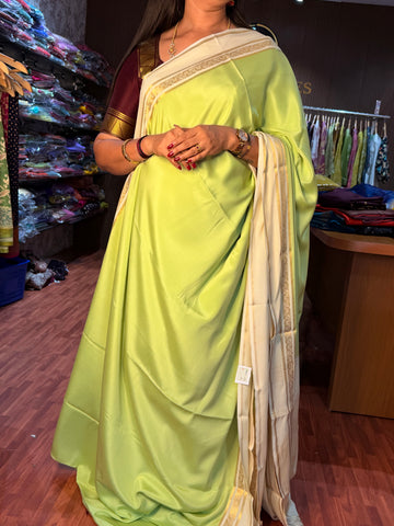 Pure Crepe Mysuru Silk Pastel Green and Offwhite