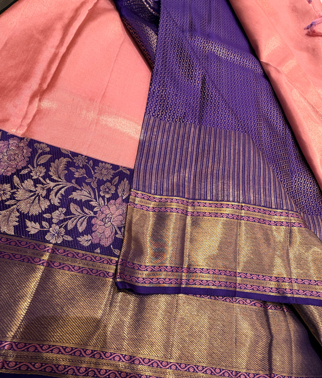 Pastel pink with purple pure tissue Kanjeevaram saree
