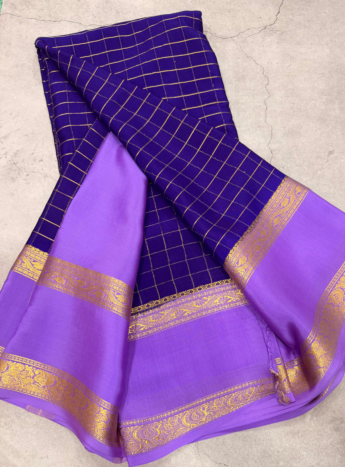 Blue checks n bentex border pure Mysore silk crepe saree