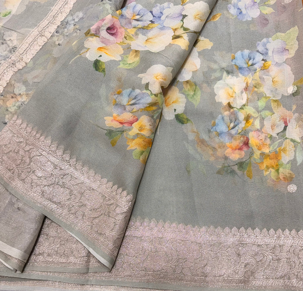 Grey digital print Banarasi pure tissue chiffon saree sliver zari saree