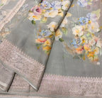 Grey digital print Banarasi pure tissue chiffon saree sliver zari saree