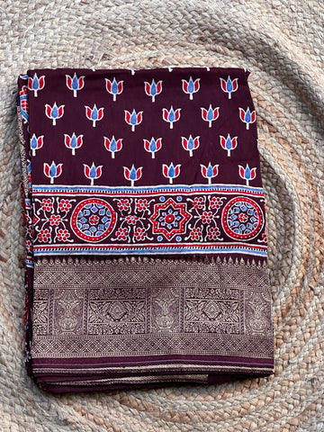 Coffee brown dola silk with lotus block prints
