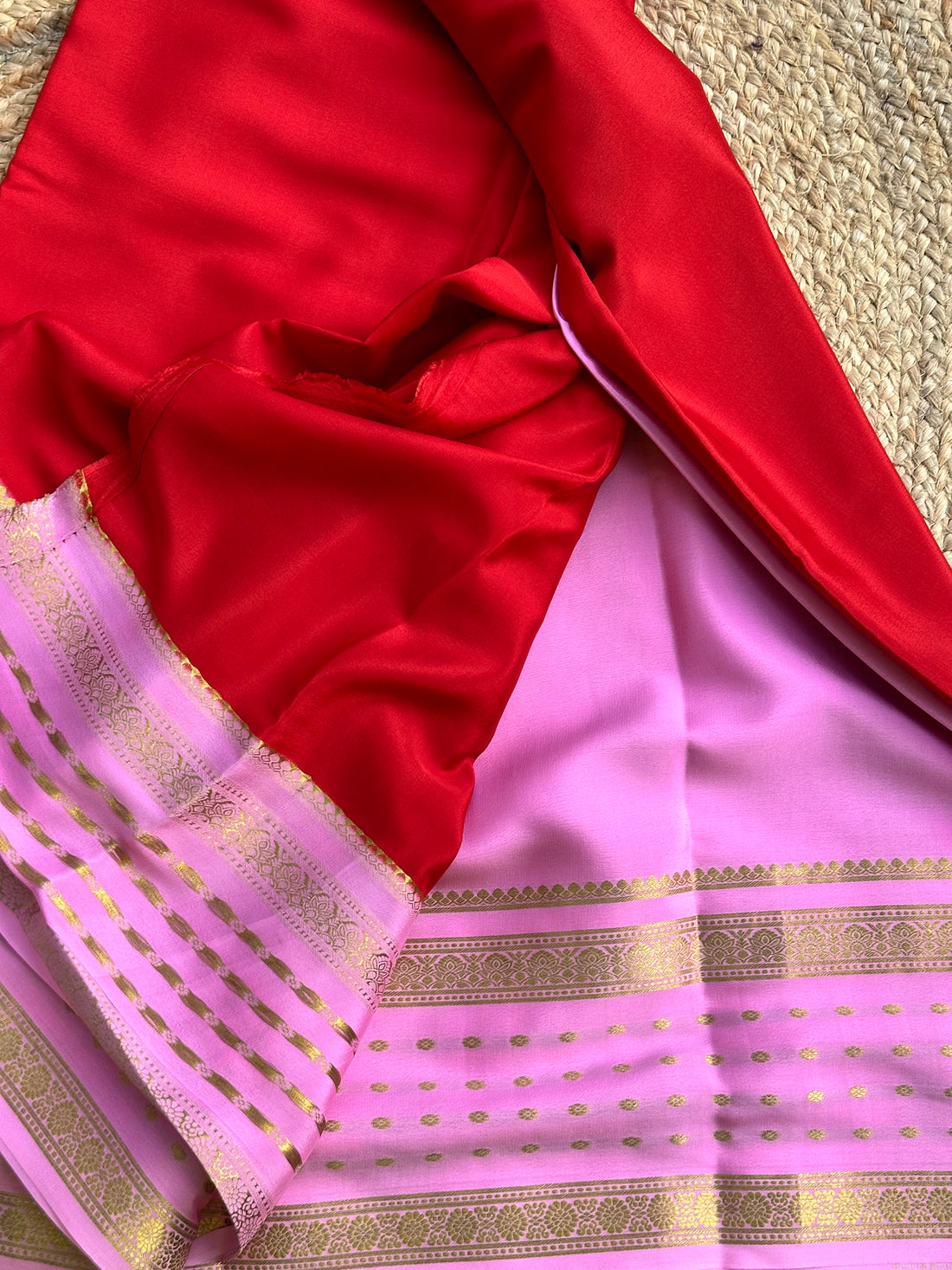 Red and pink pure crepe Mysore Silk sarees 120 gsm