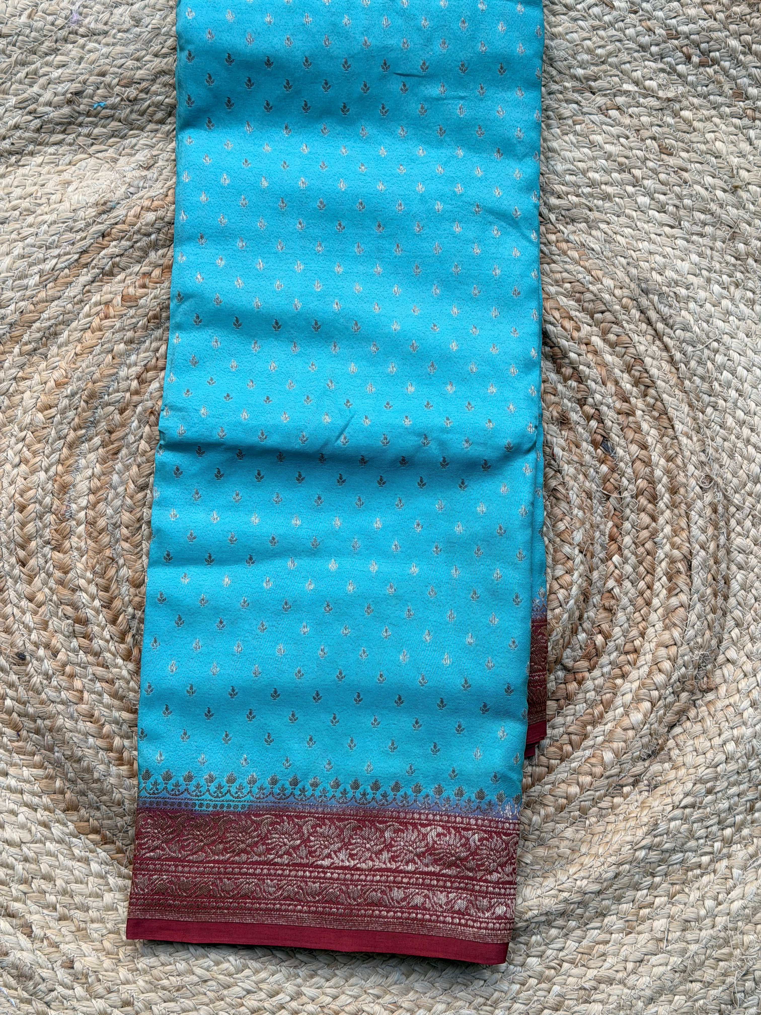 Sea blue with maroon Banaras crepe chiffon
