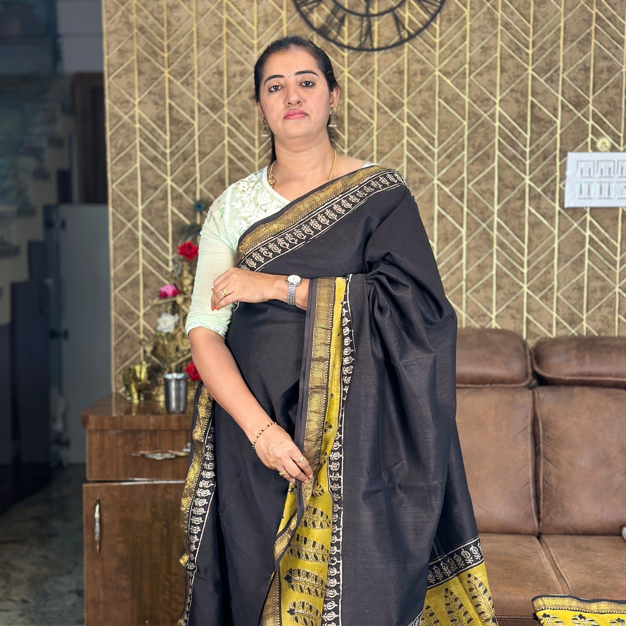 Black with mustard Maheshwari silk.