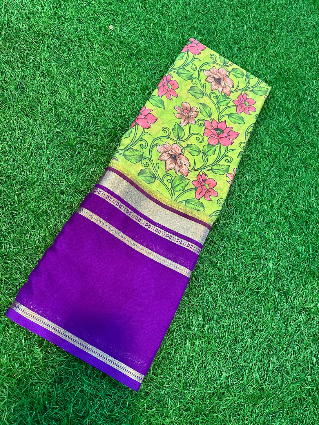 Purple green digital semi Mysore Silk.