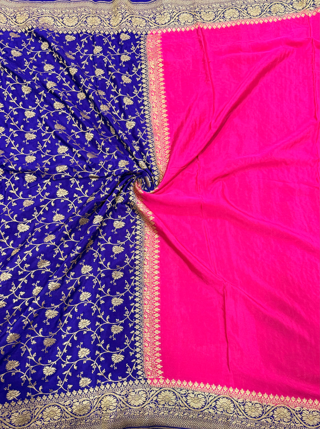 Rani pink n blue partly pallu pure benarasi crepe silk saree