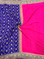 Rani pink n blue partly pallu pure benarasi crepe silk saree
