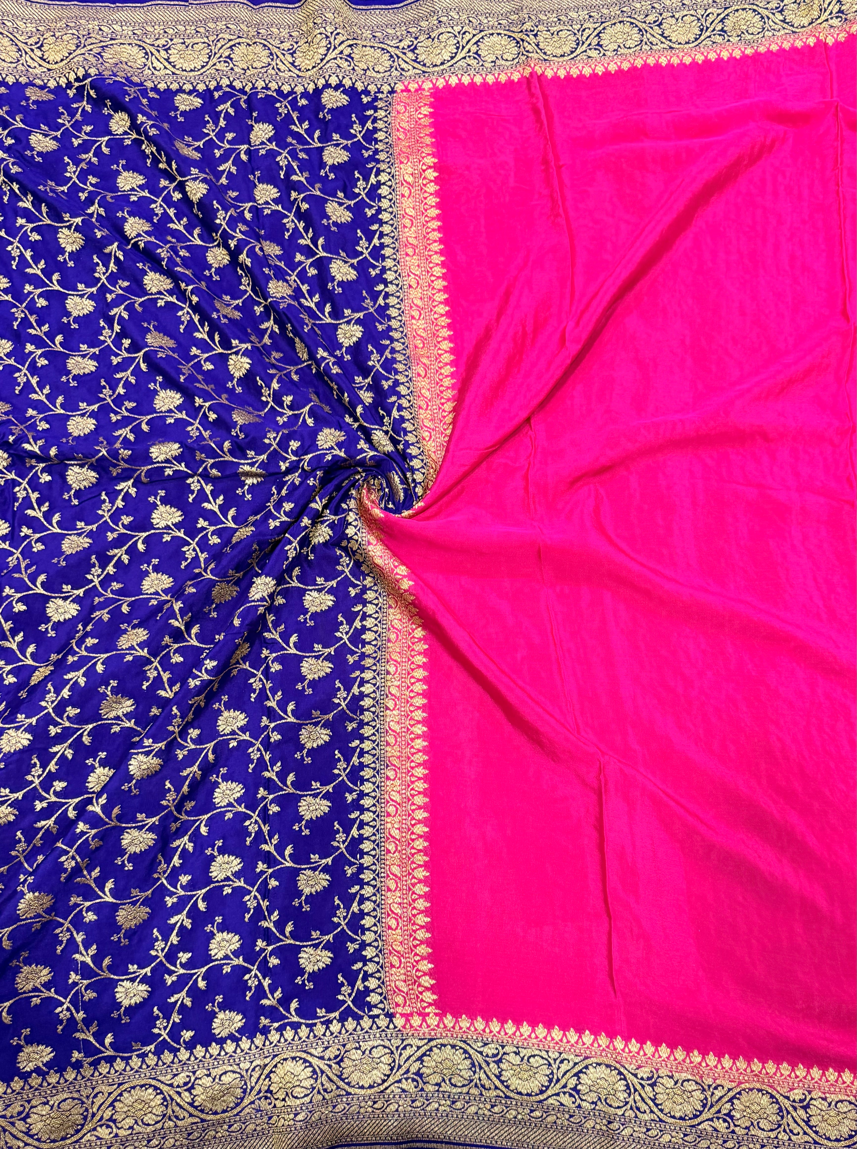 Rani pink n blue partly pallu pure benarasi crepe silk saree