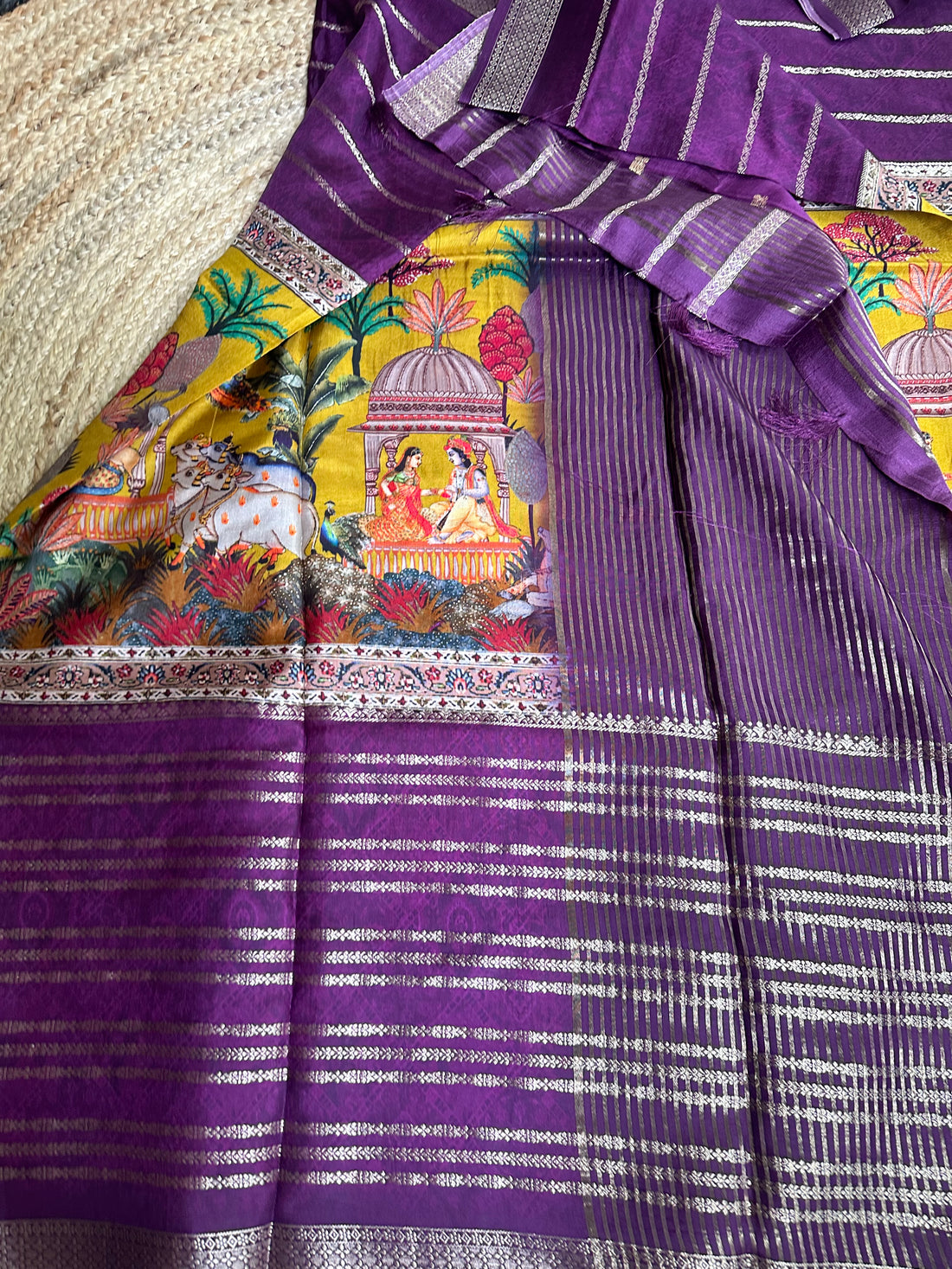 Wine with mustard central digital kalamkari sarees.