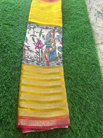 Mustard with red kalamkari horizontal stripes semi crepe.