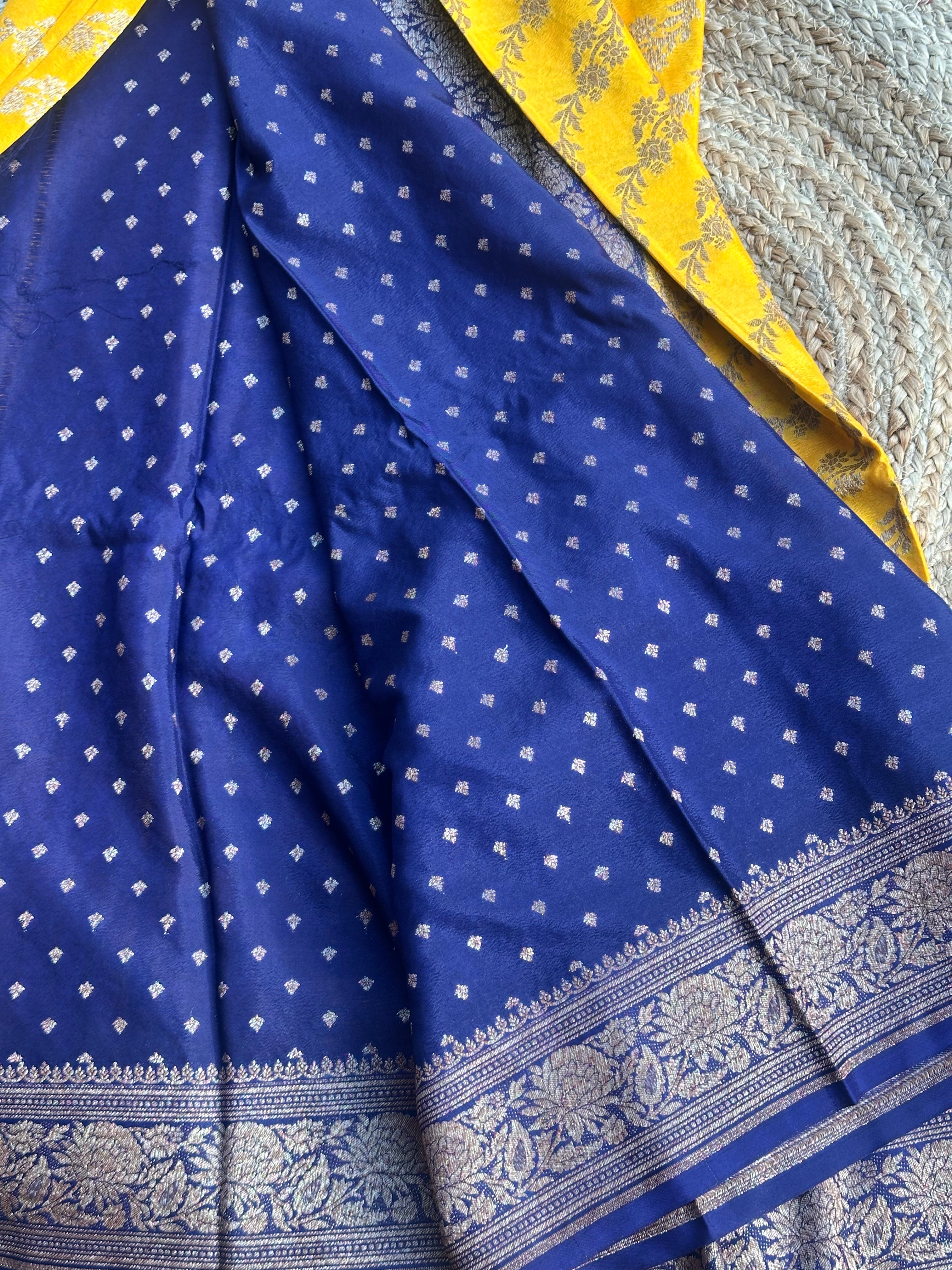 Yellow and purple pure crepe chiffon jaal pattern Saree