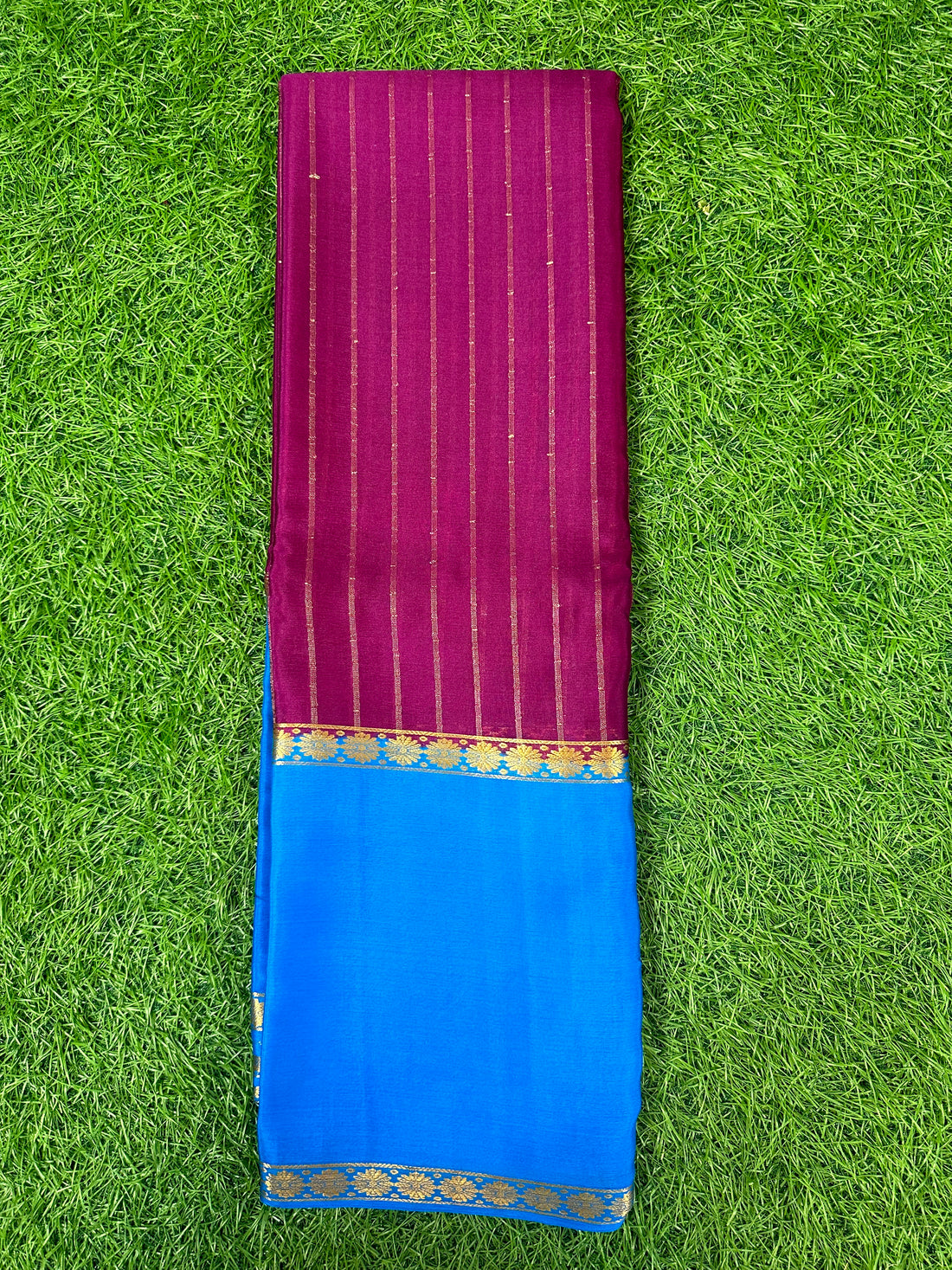 Maroon with blue pure wrinkle crepe with vertical stripes blouse.