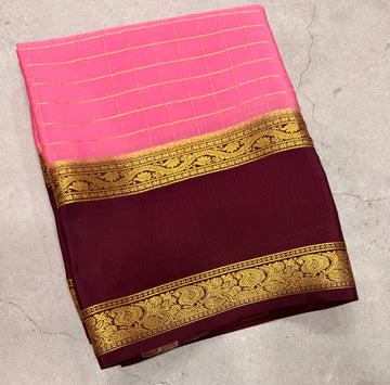 Light pink checks n bentex border pure Mysore silk crepe saree