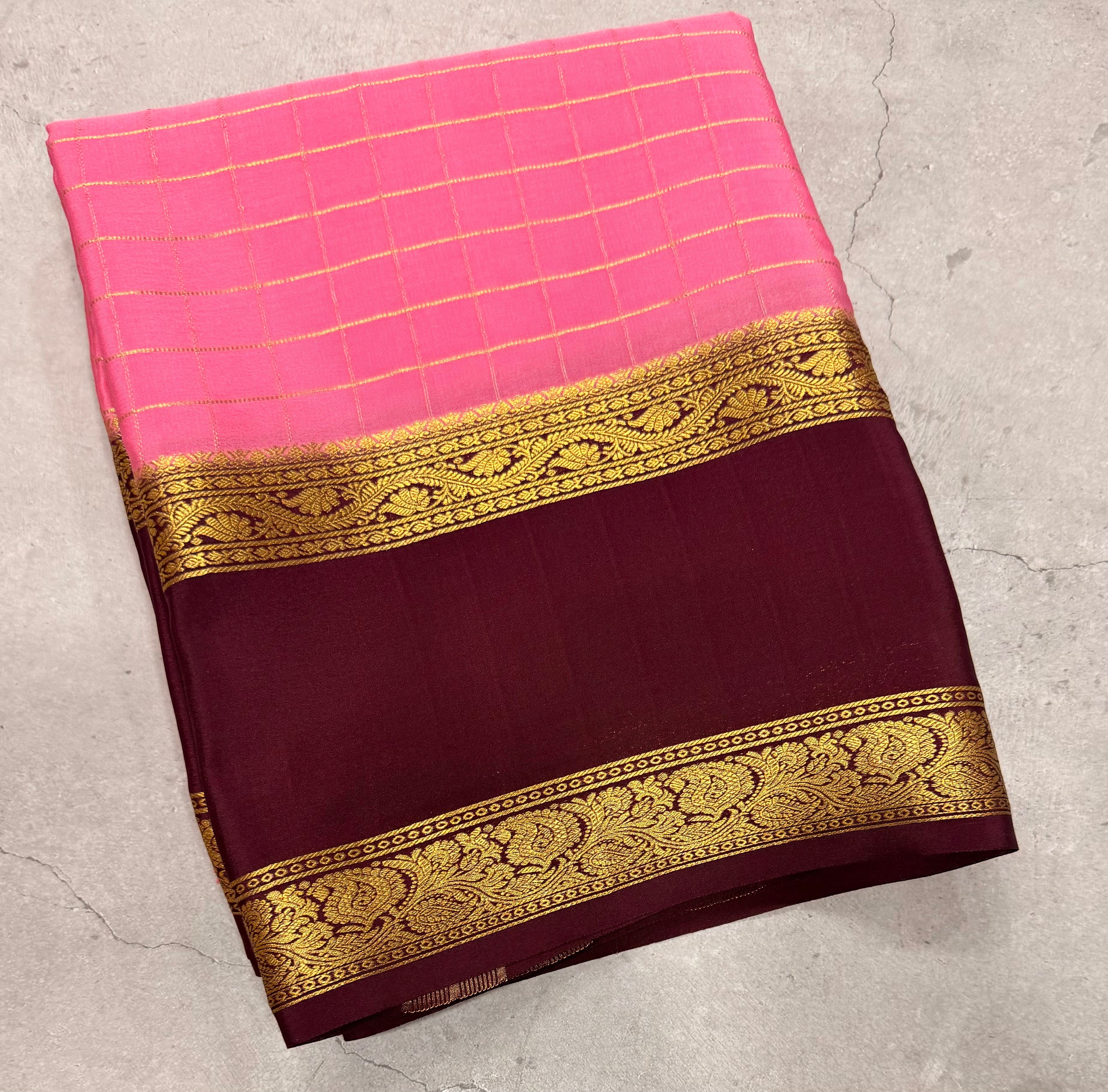 Light pink checks n bentex border pure Mysore silk crepe saree