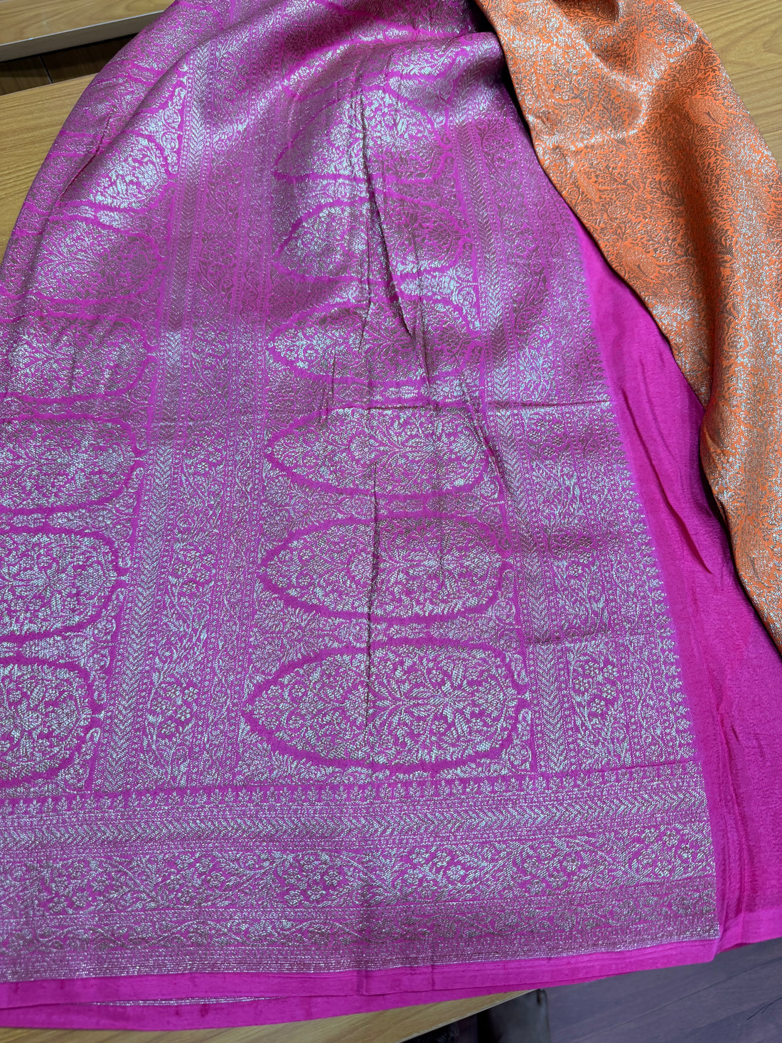 Orange and pink crepe Banaras sarees