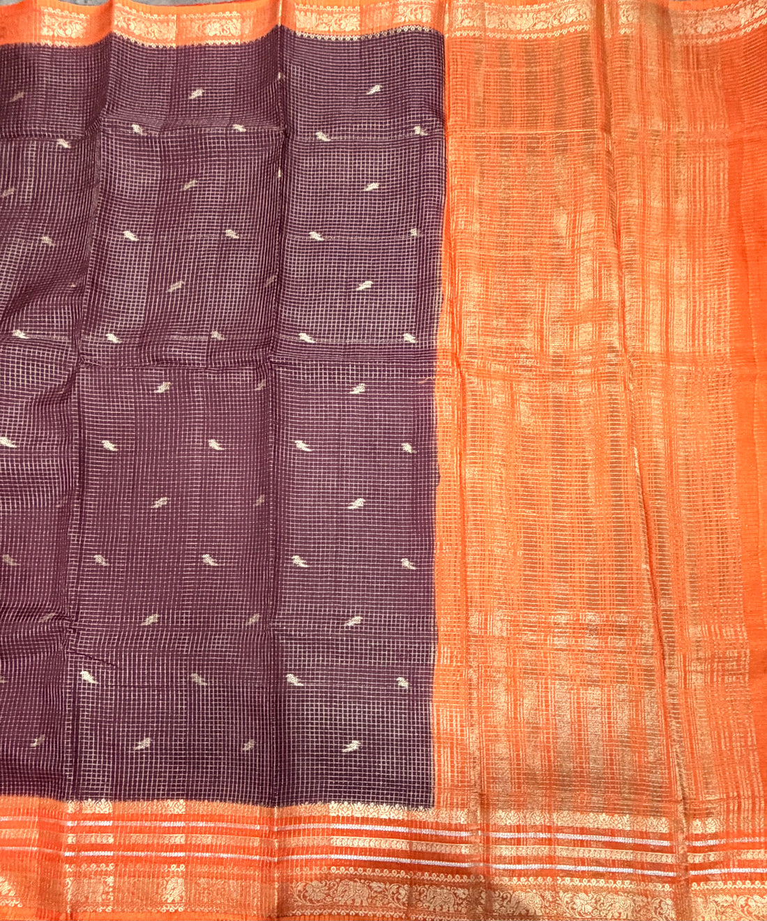 Brown contrast border checks Dola crepe saree
