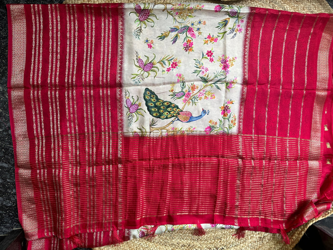 Red and white kalamkari digital crepe sarees