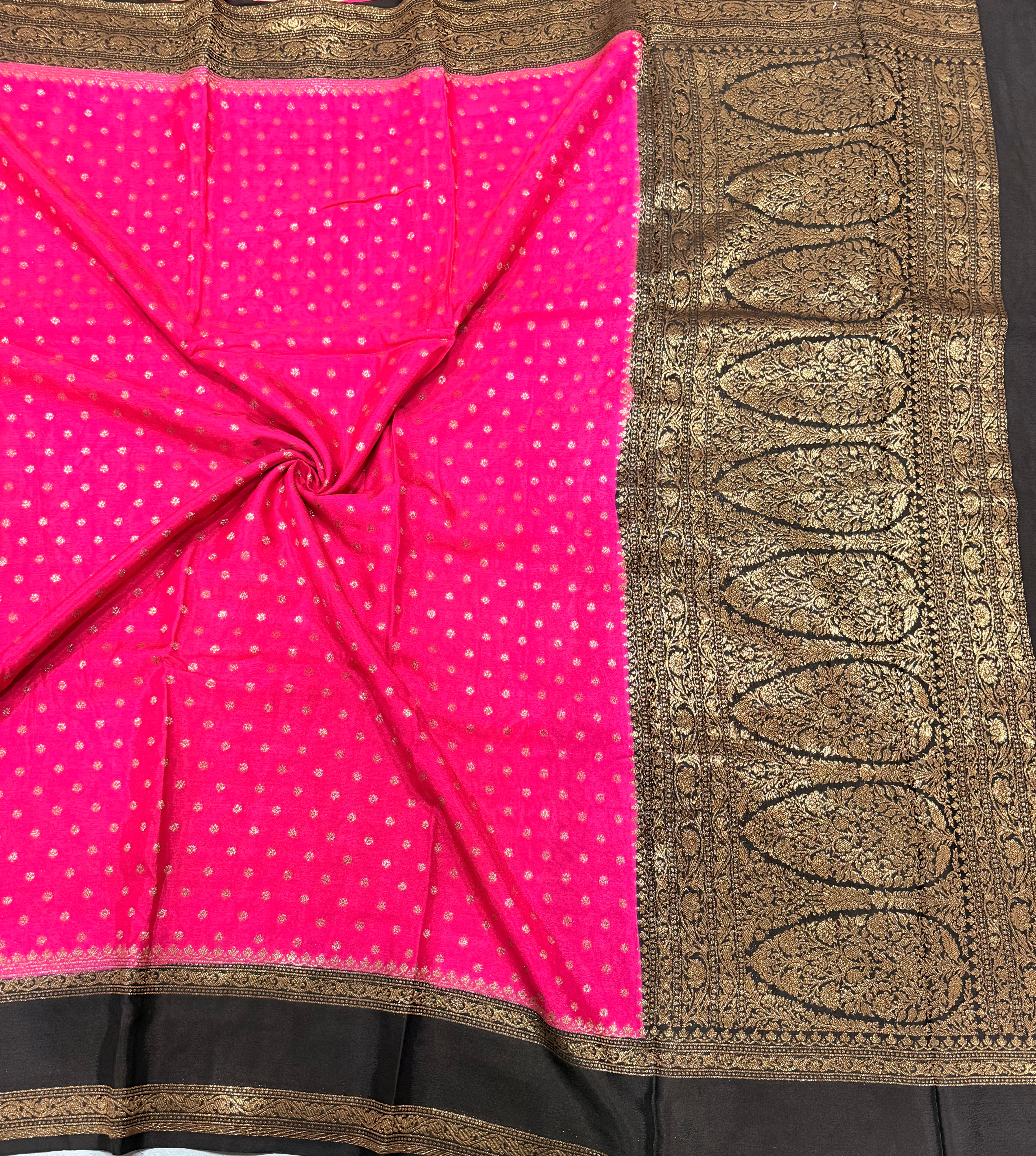 Rani pink bentex pure Banarasi crepe chiffon 107 with antique zari saree